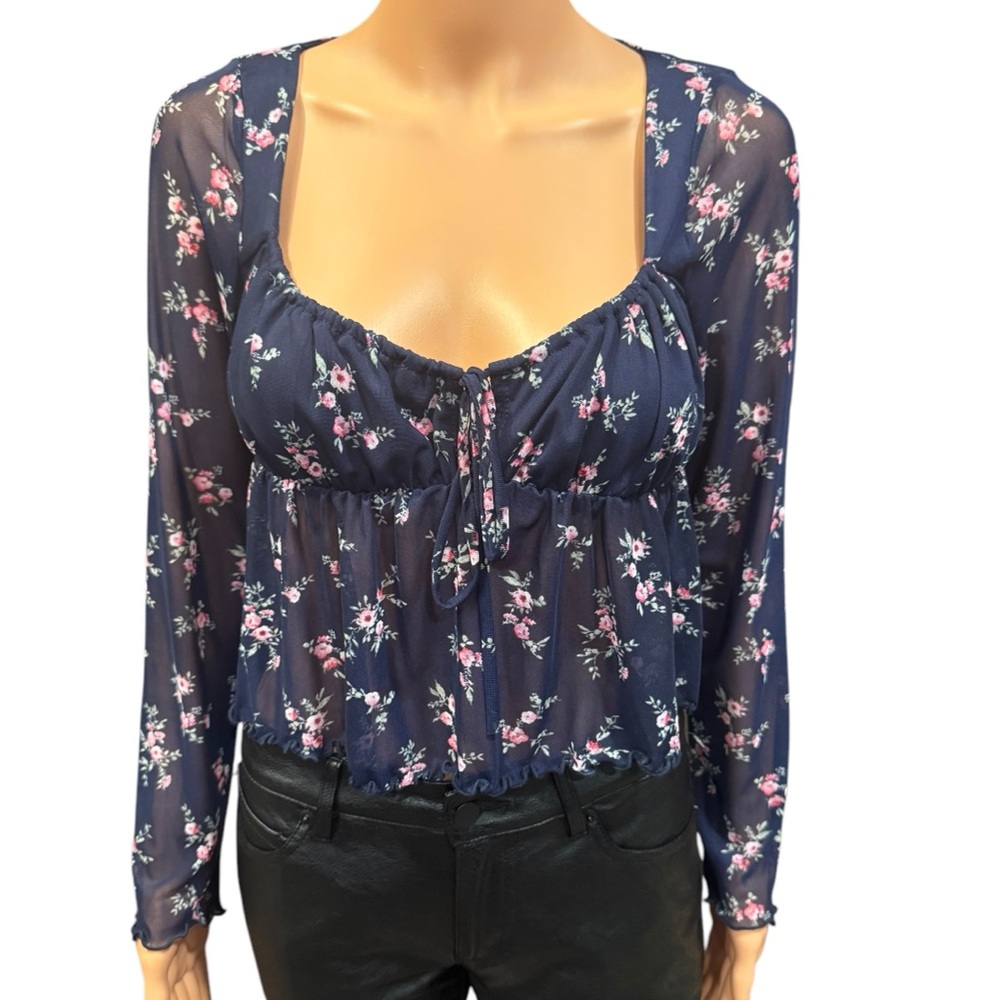 LIVE IN THE MOMENT Floral Boho Long Sleeve SemiSheer Front Tie Crop NWT Medium